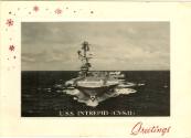 Printed U.S.S. Intrepid holiday card that reads "Greetings" with a black and white photograph o…