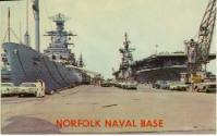 Printed postcard with a color photograph of the Norfolk Naval Base