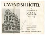 Printed flier for Cavendish Hotel in Cannes, France with a black and white photograph of the bu…