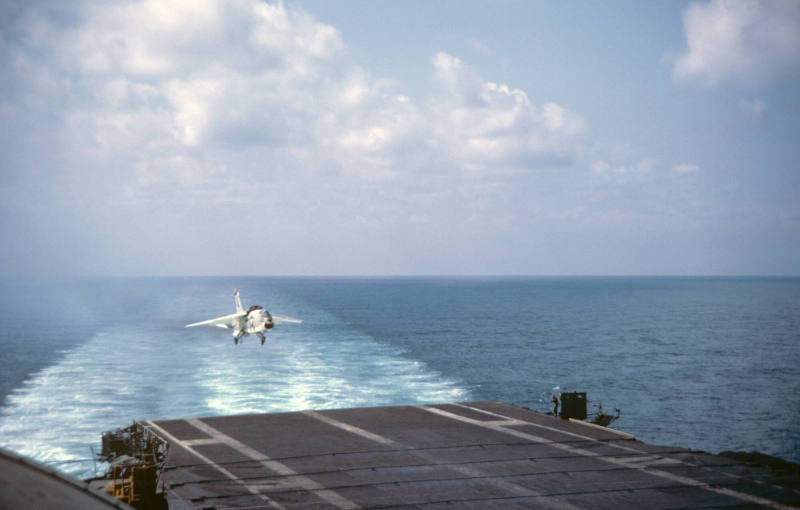 Color slide depicting an aicraft approaching the flight deck for landing