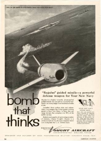 Black and white printed advertisement that reads "Bomb that thinks" and has a drawing of the Re…