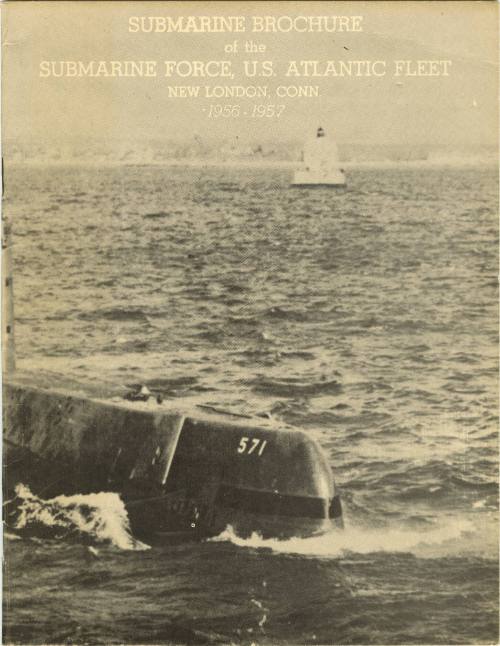 Black and white printed booklet that reads with a photograph of a submarine at sea