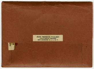 Printed brown envelope with label that reads "Fritz Frederick Paulsen"