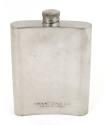 Square, silver metal flask with screw-on cap, imprinted text on lower back reads "Cognac Otard …