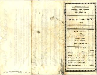 Subpoena document, vertical black printed text on furthest right edge reads “The Trusty Shellba…