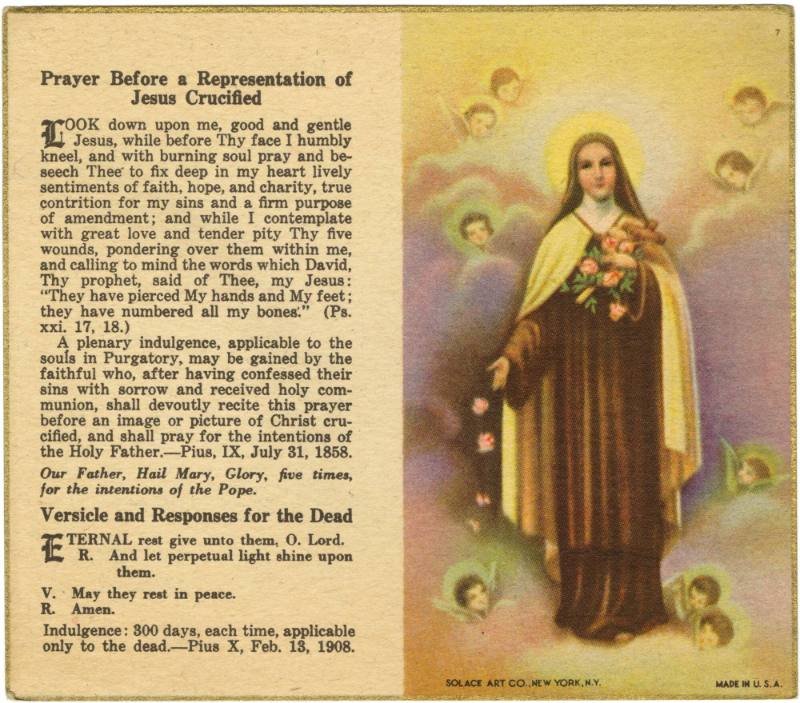 Printed prayer card for Lt. Elmer Clarence Namoski with a drawing of Mary holding flowers surro…