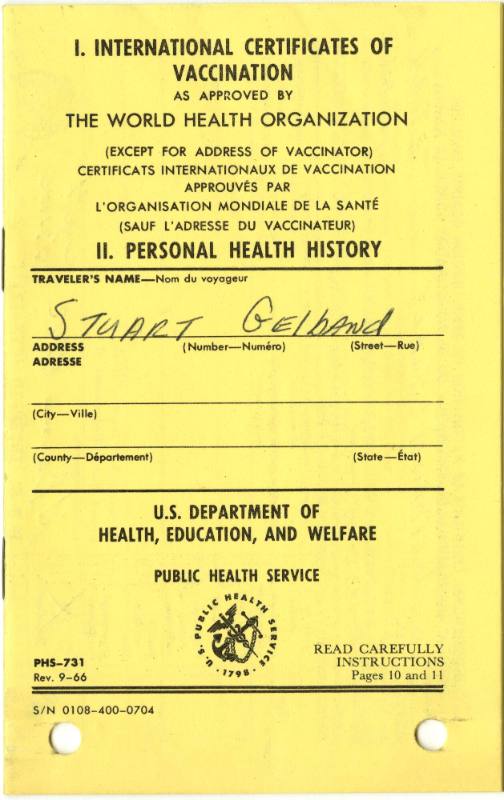 Yellow printed International Certification of Vaccination booklet for Stuart Gelband