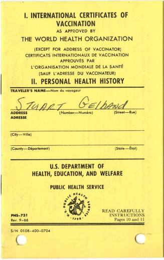 Yellow printed International Certification of Vaccination booklet for Stuart Gelband