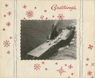 Christmas card with red snowflakes and “Greetings” at top right corner, the card frames black a…