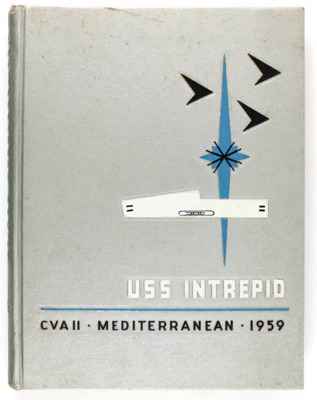 Silver hardcover USS Intrepid Cruise Book for 1959 with a stylized drawing of Intrepid