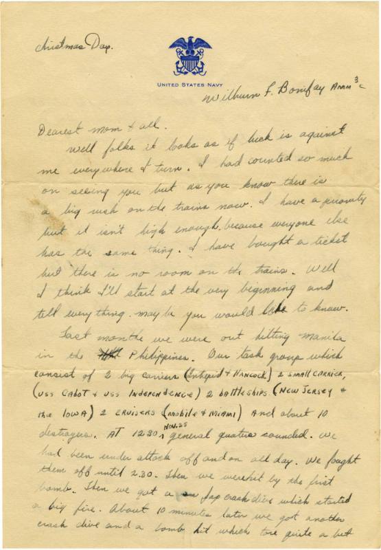 Handwritten letter to Mom & Dad from Wilburn Bonifay dated Christmas Day, page 1