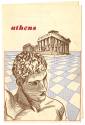 Printed port of call booklet for Athens with a drawing of the Parthenon and a Greek statue