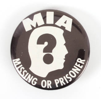 Political button with image of man’s head in profile with question mark in the center surrounde…