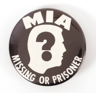 Political button with image of man’s head in profile with question mark in the center surrounde…