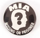 Political button with image of man’s head in profile with question mark in the center surrounde…