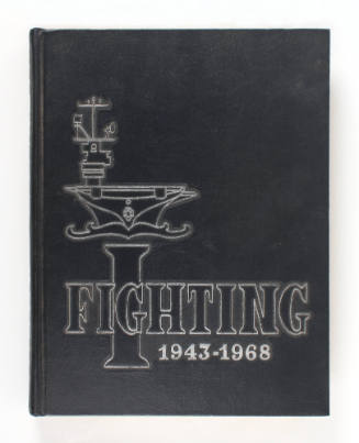 Black cover of USS Intrepid cruise book with image of aircraft carrier at sea and text "Fightin…