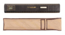 Concorde black plastic ruler, with attached clock and calculator,  and tan and brown case