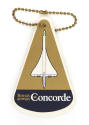 One side of triangular luggage tag with a brass ball chain that depicts a white overview of Con…