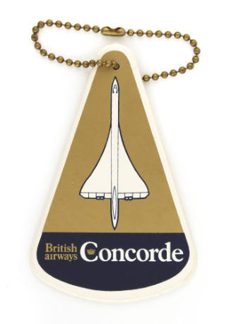 One side of triangular luggage tag with a brass ball chain that depicts a white overview of Con…