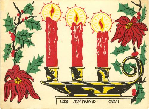 Cover of menu with colored drawing holly and poinsettias surrounding three red candles, text “U…
