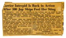 Printed newspaper clipping titled "Carrier Intrepid Is Back in Action After 300 Jap Ships Feel …