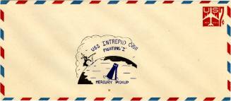 Printed envelope with a stamp of the Mercury capsule in the water that reads "USS Intrepid CVS-…
