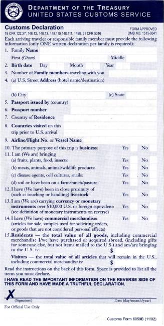 Printed Department of the Treasury form that reads "United States Customs Service"