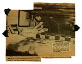 Printed newspaper clipping with a black and white photograph of Mrs. Loree Semple making beds a…