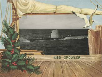 Christmas card, colored frame depicts dock scene with holly and seagull on post, black and whit…