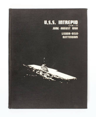 Cover of June–August 1958 USS Intrepid cruise book, black with white lettering and white drawin…