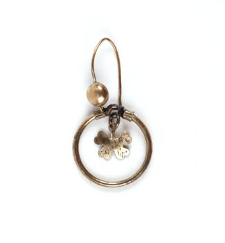 Brass earring with a four leaf clover hanging inside a hoop, kidney closure backing with round …