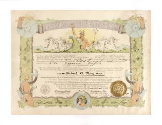 Paper shellback certificate with multicolored drawing of King Neptune and other mythical marine…