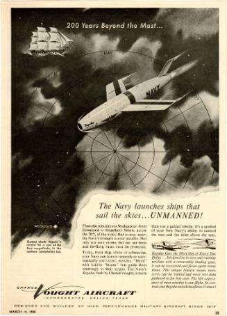 Advertisement titled "200 Years Beyond the Mast" shows a Regulus I missile in the sky with cons…