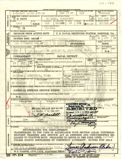 Typed discharge document dated June 12, 1956 with handwritten signatures