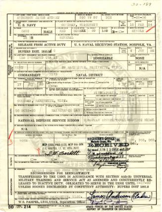 Typed discharge document dated June 12, 1956 with handwritten signatures