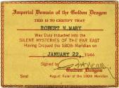 Printed membership card for the Imperial Domain of the Golden Dragon for Robert N. Mary dated J…