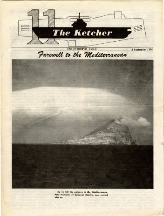 Cover of USS Intrepid newspaper with black and white photo of a mountain in the distance rising…