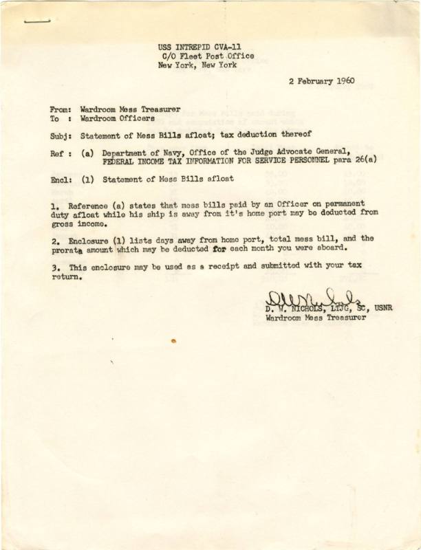 Cover page for statement of mess (dining) bills for USS Intrepid officers in 1959