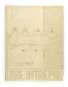 Tan hardcover USS Intrepid Cruise Book for 1943 with a raised image of the Intrepid and aircraf…