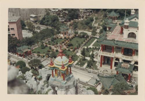 Color photograph looking down at a section of Tiger Balm Garden in Hong Kong, with a manicured …