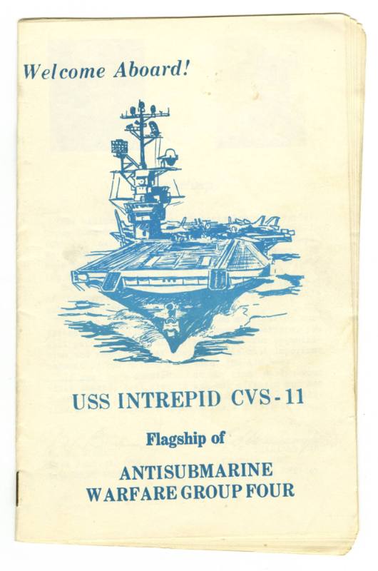 Booklet with blue drawing of USS Intrepid and the title "Welcome Aboard!"