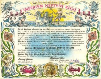 Illustrated certificate for "Imperium Neptuni Regis" with images of King Neptune, various marin…