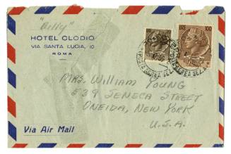 Envelope with red, white, and blue stripes around the edges addressed to Mrs. William Young wit…