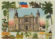 Color postcard with a drawing of Cap-Haitien with a Haitian flag and trees around it