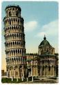 Colorized postcard of the Leaning Tower of Pisa and the Baptistery