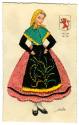 Postcard with drawing of a woman wearing traditional Spanish dress, embroidered with thread, an…