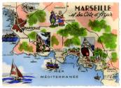 Postcard with a map of Marseille with drawings of boats, monuments, and towns