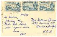 Postcard addressed to Mrs. William Young dated November 11, 1955 with stamps from Gibraltar