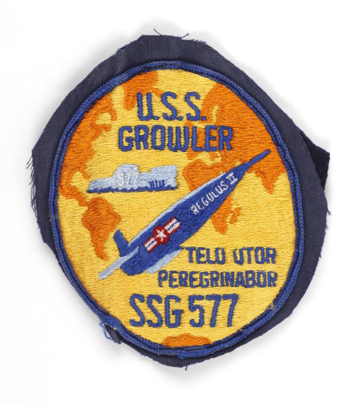 Embroidered blue and orange USS Growler seal patch, depicting the submarine  positioned in the …