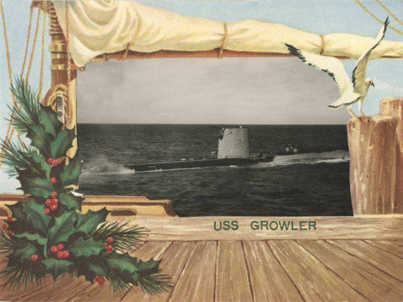 Christmas card, colored frame depicts dock scene with holly and seagull on post, black and whit…